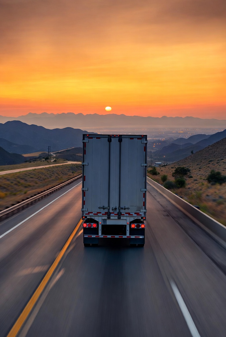 Highway trucking at sunset